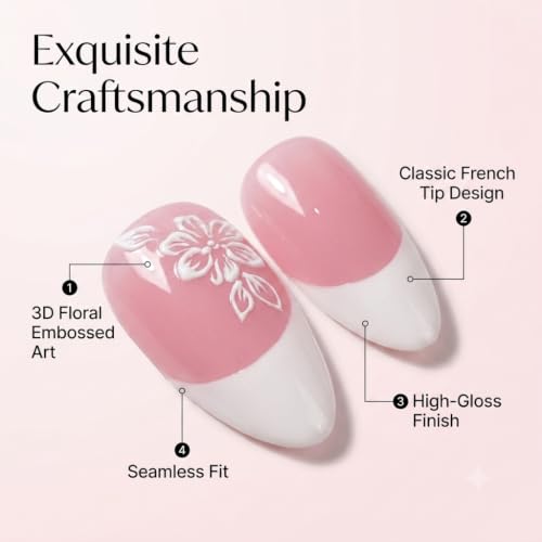 48pcs Pink French Tip Press on Nails and Toenails Set, Almond Fake Nails with White Flower Designs, Full Cover False Toe Nails Combo Kit, Sweet Floral DIY Manicure & Pedicure for Women - color: Flower Pink French