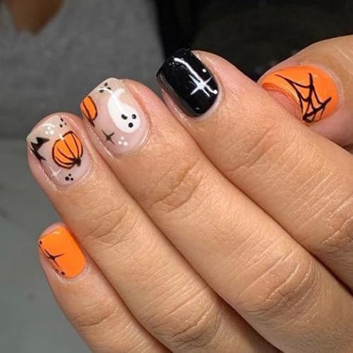 Halloween Press on Nails Short Fake Nails Square False Nails Little Ghost Spider Web Design Cute Pumpkin Fake Nails Full Cover Stick on Nails Halloween Festival Artificial Nails for Women 24 Pcs - color: Halloween Style 022