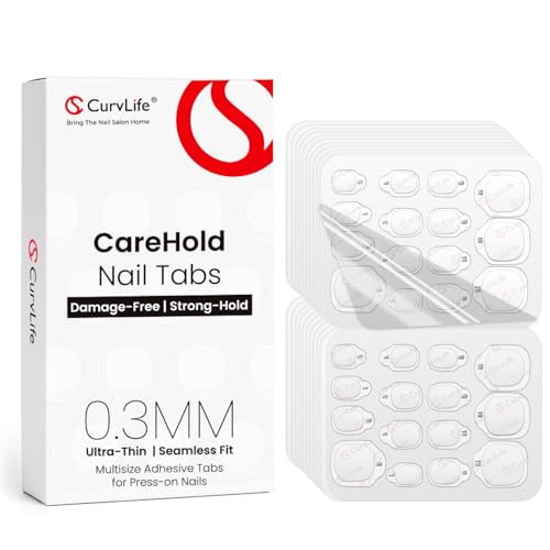 Curvlife CareHold Pro Nail Adhesive Tabs for Press On Nails – 10 Sheets, 15 Sizes Extra Wide 0.3mm Ultra Thin Double Sided Sticky Tabs, Clear Nail Stick Ons for Daily Wear and Gentle Removal