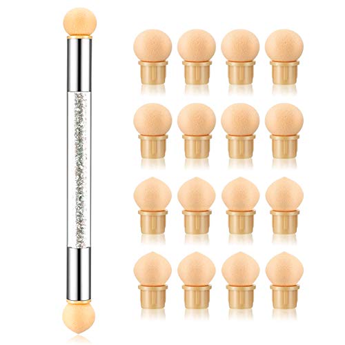 1Pc UV Gel Nail Gradient Sponges Pen With 16Pcs Replaceable Sponge Heads Double Head Nail Ombre Brush Acrylic Manicure DIY Nail DesignTools - color: white