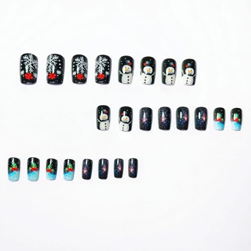 Christmas Press on Nails Silver Glitter Acrylic Fake Nails Cute Snowman Stick on Nail with Snowflake Xmas Red Berry Design Full Cover Christmas Glue on False Nails for Women Girls 24 Pcs - color: Style 44