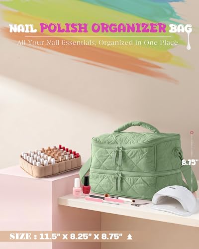 Marscamd Quilted Nail Polish Organizer Bag Holds 42 Bottles and Nail Lamp - color: Green