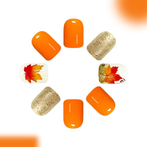 Fall Glitter Press On Nails Short Square Fake Nails Orange Maple Leave - color: design-11