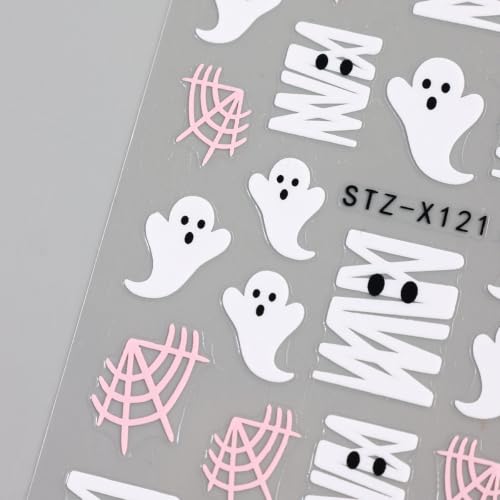 Halloween Nail Art Sticker Ghost Spider Web Nail Sticker 6Pcs French 3D Self-Adhesive Pink Heart Spider Web Mummy Nails Decal Cute Ghost Nail Supplies Accessories for Halloween Manicure Decoration - color: Pink Spider Web Ghost