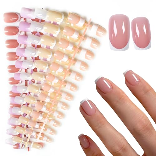 120Pcs Natural Nude Pink White French Press on Nails Square Fake Nail, Full Cover Glossy 5 Designs False Nails Acrylic Glue on Nails with 5 Sheets Adhesive Tabs for Women Girls Finger Christmas Nails - color: Natural Nude Pink Square