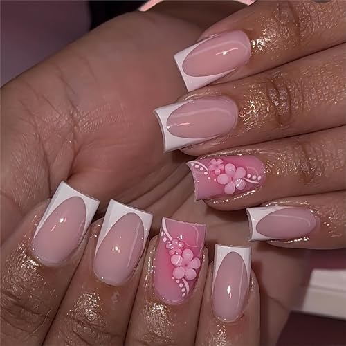 Pink Flower Press on Nails Medium Square Fake Nails White French Tip Acrylic False Nails with Spring Floral Designs Glue on Nail Glossy Artificial Nails Full Cover Stick on Nail for Women 24Pcs - color: style 33
