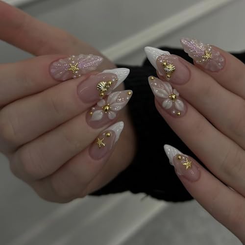 3D Press on Nails Medium Almond - White French Tip - color: D-34