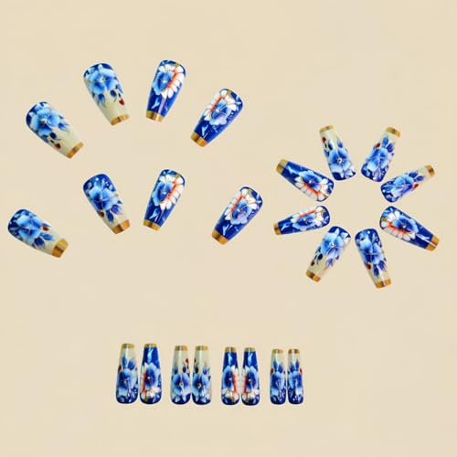 Blue Press on Nail Long Coffin Fake Nails with Flower designs Stick on Nail Full Cover Gold French Tip Press ones Glossy Luxury False Nails Reusable Spring Glue on Nails for Women 24pcs - color: style2