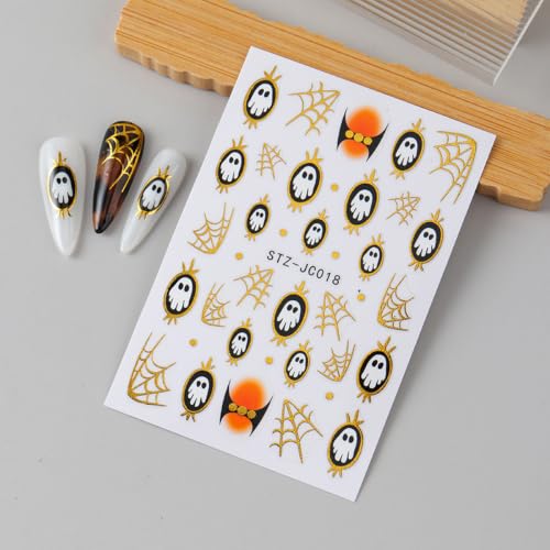 6 Sheets Halloween Ghost Nail Art Stickers Gold Frame Spiderweb Nail Decals - color: Halloween 16