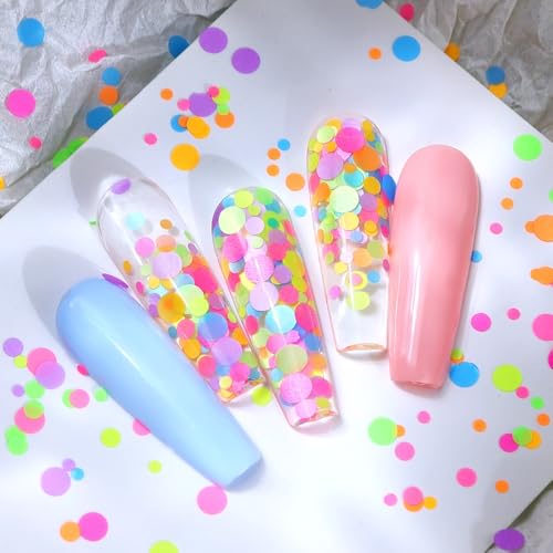 1 Box 12 Color Fluorescent Circle Nail Glitter Pink Yellow Nail Sequins 3D Colorful Nail Flakes Sparkly Glitter Flakes Shiny Nail Glitter Iridescent Nail Sequins Glitter for Nails Art 12 Grids - color: YHN09