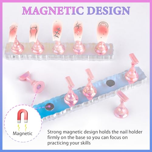 Nail Stand Acrylic Nail Art Display Stand Magnetic Nail Tips Practice Holder 54 Pcs Reusable Adhesive Putty for DIY Painting Nails Stand kit (Aurora Pink) - color: Aurora Pink
