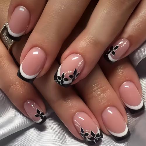 Fall Press on Nails Medium Square Fake Nails with Flower Lines Designs Autumn Nails Press ons Black White Glue on Nails Glossy Acrylic Nails Cute Stick on Nails for Women 24Pcs - color: Flower Lines Designs