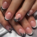 Fall Press on Nails Medium Square Fake Nails with Flower Lines Designs Autumn Nails Press ons Black White Glue on Nails Glossy Acrylic Nails Cute Stick on Nails for Women 24Pcs - color: Flower Lines Designs