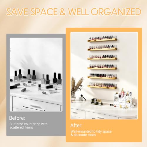 15" Nail Polish Wall Rack 6 Pack, Wall Mounted Organizer Holds 66+ Bottles - color: Gold-polished