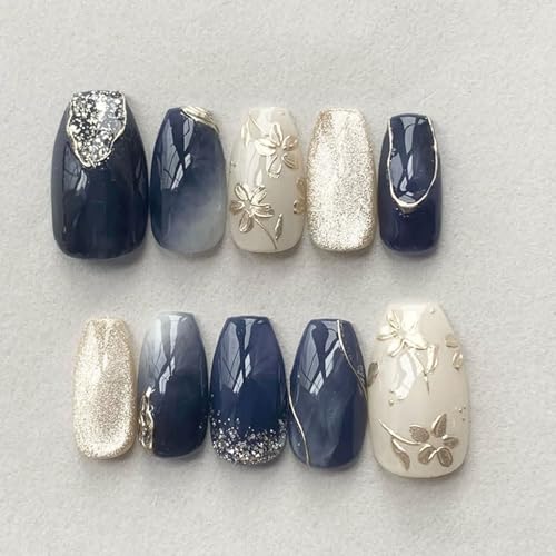Cat Eye Press on Nails Short Coffin Fake Nails with Flower Glitter Gradient Designs Nails Press ons Silver Blue White Glue on Nails Summer Glossy Stick on Nails for Women 24Pcs - color: silver blue white
