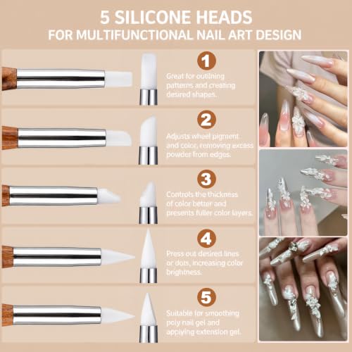 Dual-Ended Nail Sculpting Pens Set, 5 Pcs Silicone Gel Carving Pen & Gel Picker Tool, Wooden Handle Nail Brush for 3D Flower Sculpture Picking Chrome Powder - color: Nail Sculpting Pens Set