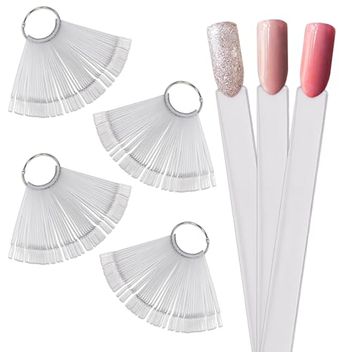 Beauticom 200 Clear Acrylic False Tip Sticks with Metal Ring Holders Fan-Shaped Nail Art Display Chart Practice Tips Tool - 200 Tips