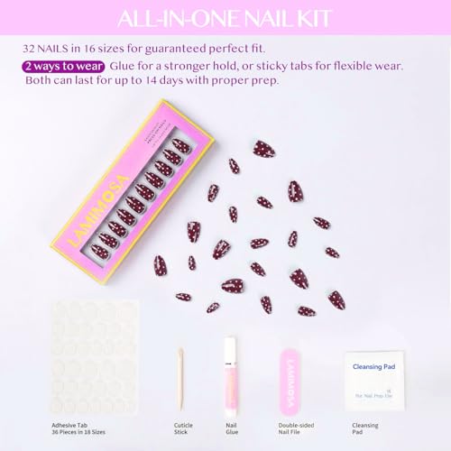 LAMIMOSA 32Pcs Brown–Red Polka Dot Press On Nails Short Almond. DOT DOT DOT - color: Dot Dot Dot
