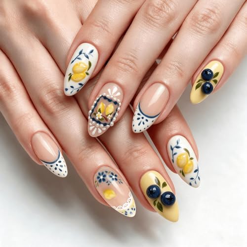 Medium Almond Press On Nails, 3D Lemon Blueberry Fake Nails, 24PCS - color: 099-Lemon Coast