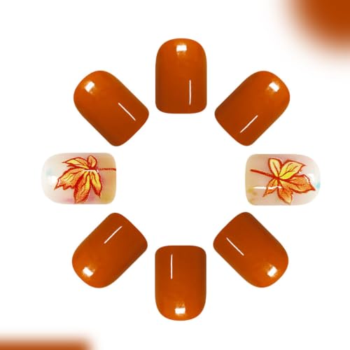 Maple Press on Nails Short Square Fake Nails with Full Cover Designs Orange Nails Press ons Glossy Glue on Nails Fall False Nails Autumn Stick on Nails for Women 24Pcs - color: 19