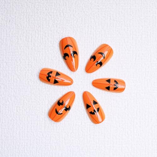 Halloween Pumpkin Press On Nails - Medium Acrylic Almond Shaped Fake Nails, Yellow Glossy False Nails Design, Fall Full Cover Glue On Nails, 24 Pcs - color: Style 10