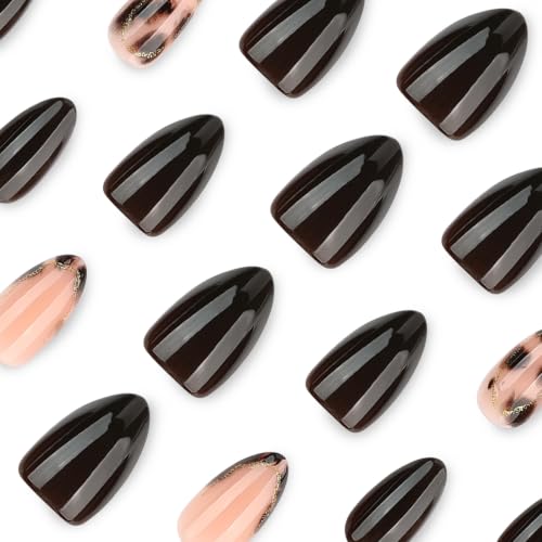 Medium Short Almond Press On Nails, Deep Brown Tortoise, 24 Pcs - color: 102-Espresso Caramel Nude