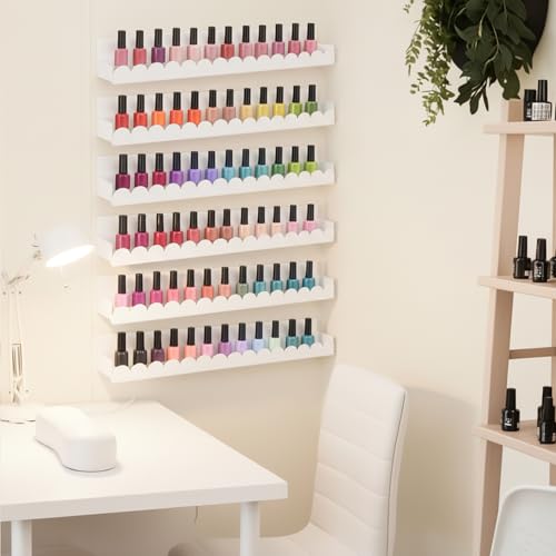 AceOrbit 6 Pack Wall Mounted Acrylic Nail Polish Display Rack, 15 Inch Scalloped Cosmetic Organizer Shelves with Anti-Slip Sides for Nail Polish, Holds 60–90 Bottles, White