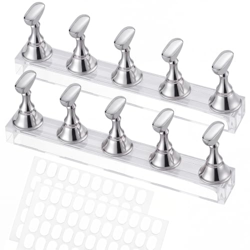 Nail Stand for Press Ons, Acrylic Magnetic Base Nail Holder for Painting Nails with 100 Pcs Reusable Double Sided Tape,Nail Art Display Practice Stand for Home DIY Salon Supplies (Silver) - color: Silver A