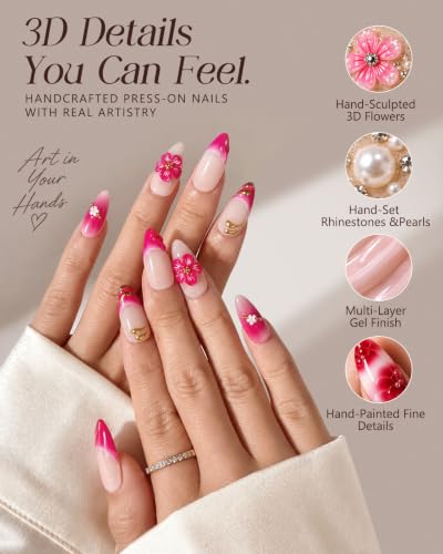 Buleens 100% Handmade Acrylic Press On Nails Medium Almond 10PCS Size L - color: Pink Floral, size: L