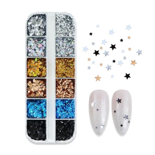 1 Box 12Grids Holographic Star Nail Glitter Tiny Stars Nail Sequins 3D Nail Flakes Laser Ombre Glitter Flakes Gold Silver Blue Black Star Nail Art Glitter Shiny Nail Sequins Glitter for Nails Art - color: Color 12