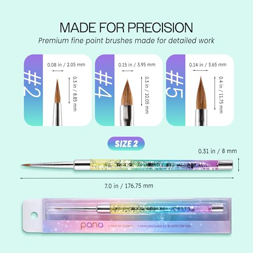 PANA Kolinsky 3D Acrylic Nail Brushes with Liquid Glitter Handle - For Professional Acrylic Powder Liquid Manicure Pedicure (Rainbow Color, Size #2) - style: style 2
