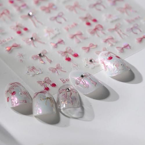 1 Sheet Bow Nail Art Stickers 5D Self-Adhesive Glitter Pink Bows Nail Art Designs Decals Cute Bow Nails Sticker Bow Charms with Rhinestone Design Acrylic DIY Decoration Supplies Charms for Women - style: diamond bow