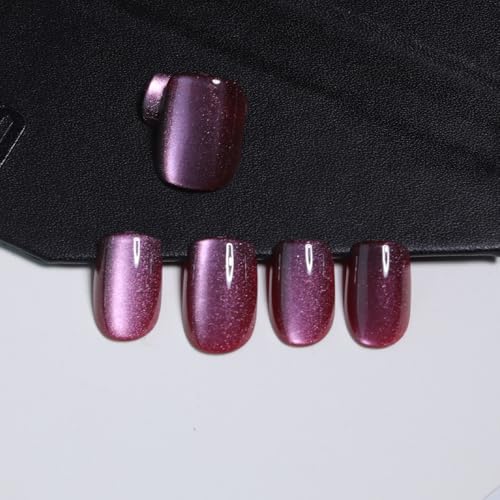 Plum Purple Press On Nails Square – Short Cat Eye Fake Nails with Color-Shifting Glow, Glossy Gel Acrylic Nails 15 Sizes, 30 Nails, Thick Reusable Glue On Nails for Daily Wear & Women Gifts - color: M12-Plum-Purple