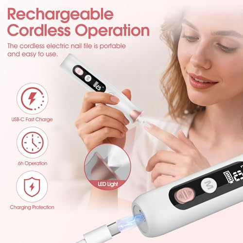 Haootadiy Electric Nail File, Cordless Electric Nail Filer Buffer with Nail Drill Bits Sanding Bands Professional Manicure Pedicure Set for Nail Grind Trim Polish, for Women & Men