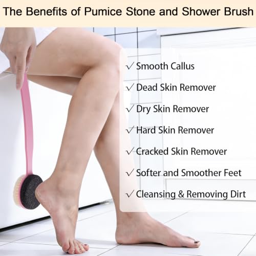 Pumice Stone Brush for Feet with 13.7" Long Handle, 2-in-1 Shower Foot Scrubber Callus Remover Pedicure Tool, Dead Skin Remover, Back Scrubber Body Brush for Shower Deep Cleansing, Pink - color: Pink Pumice