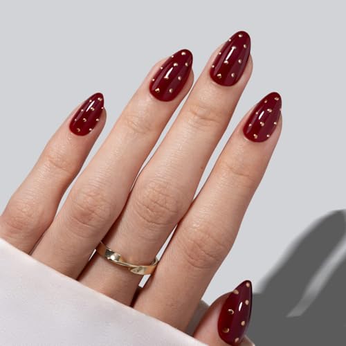 SHANGMENG Press on Nails, Almond Short Cherry Red Nails with 3D Polka Dots - color: Diva's Gala