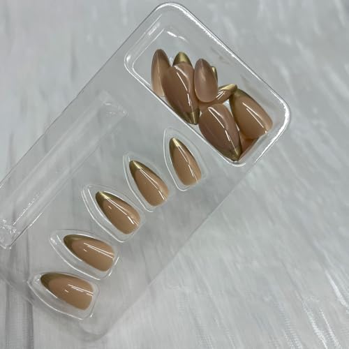 Gold French Tip Press on Nails Medium Almond Fake Nails Glossy Nude Base Glue on Nail Full Cover Artificial Nail for Women Party Wedding Daily Wear 24 Pcs - color: Gold