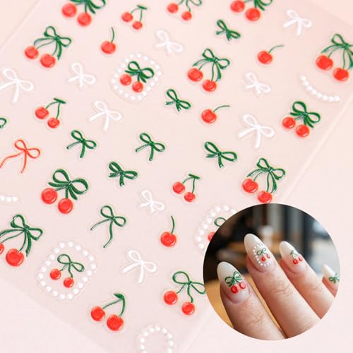5 Sheets Cherry Nail Stickers 5D Embossed Rhinestone Cherry Bow - color: Cherry Bow