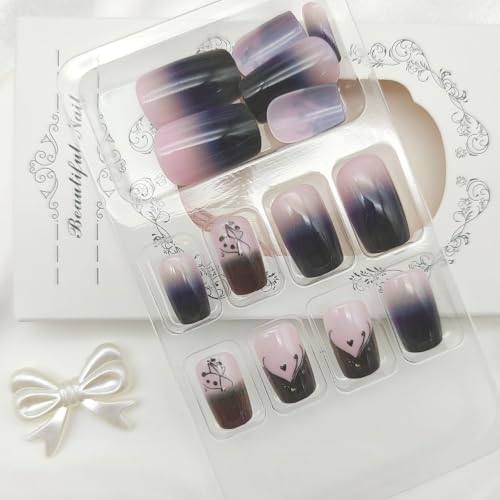 Square Press on Nails Medium Fake Nails with Ombre Designs Love Nails Press ons Black Glue on Nails Glossy False Nails Lines Stick on Nails for Women 24Pcs - color: Ombre Designs-2