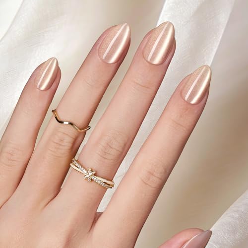 Beetles Cat Eye Press on Nails, 160Pcs Short Almond Nail Tips Motion Glow - color: 9-Champagne Gold CatEye-S