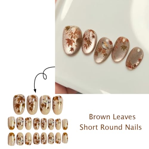 Fall Maple Leaf Press On Nails Short Oval Cat Eye Fake Nails Reusable Autumn Glue On Nails with Glitter Design Acrylic False Nails Fall Leaf Stick On Nails for Women Thanksgiving Manicure 24Pcs - color: special Fall-20