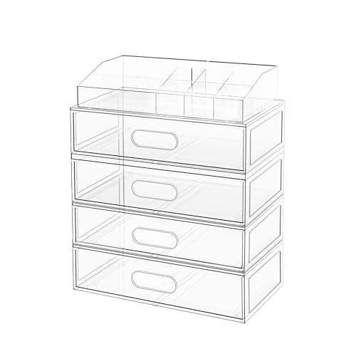Clear Stackable Makeup Organizer with Drawer, 12''W Acrylic Storage Drawers - size: 5 Pack