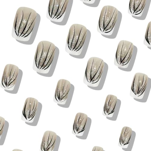 French Tip Press on Nails Medium Square Fake Nails with Glitter Lines Designs White Nails Press ons Nude Black Glue on Nails Glossy Acrylic Nails Artificial Stick on Nails for Women 24Pcs - color: Glitter Lines Designs