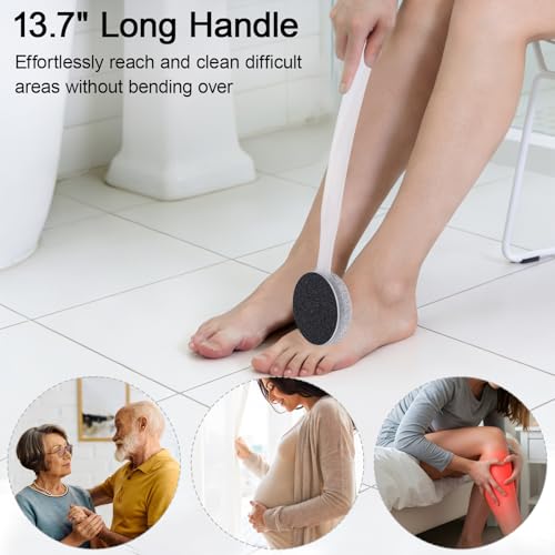 Pumice Stone for Feet with Long Handle 13.7", Double Sided Pedicure Tool for Hard Skin Callus Remover, Foot Scrubber and Exfoliator with Sand Paper for Softer & Smoother Feet, Clear White - color: Clear White