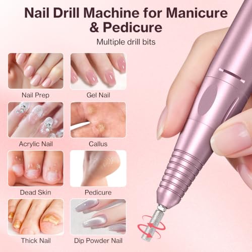 Electric Nail Drill 45000RPM Professional,Glitter Portable E-File Nail Drill Kit for Acrylic & Gel Nails,LCD Display & 4000mAh,Electric Nail File 12 Bits,Manicure Pedicure Kit for Home Salon,Pink - color: Pink