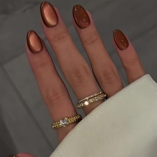KQueenest Fall Cat Eye Press on Nails Short Oval, 30 Pcs Light Brown Fake Nails Extra Short Almond, Glitter Magnetic Glue on Nails, Reusable Shiny Chrome Stick on Nails for Women Salon Manicure - color: Shimmer Brown