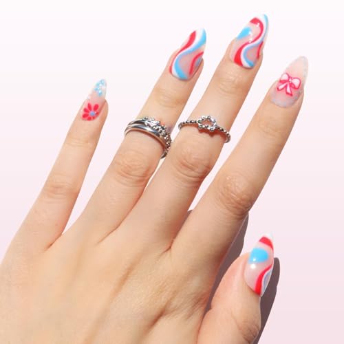Nail Reformation Press On Nails, Red White & Blue Swirl Medium Almond 30Pcs - color: Firecracker Pop