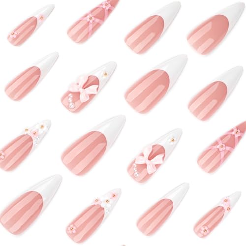 RUOKEXIN Long Almond Press on Nails French Tip Fake Nails Pink False Nails with 3D Bow Flower Designs Stiletto Nail Press ons Sparkly Artificial Nails for Women 24Pcs - color: Almond Style 11-14