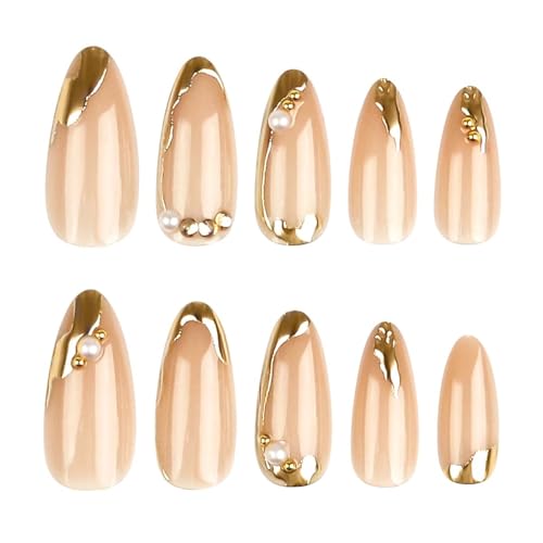CTTHNBD Press on Nails Almond, Medium, French Tip Fake Nails - color: Chrome Gold