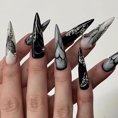 MISUD Press on Nails - Long Stiletto Glue on Nails with Goth Black, Acrylic Gothic Butterfly Design 24 pcs - color: 06103-01-01Black